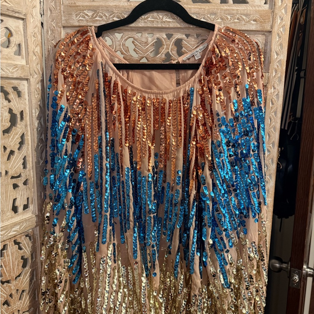 Sequin Embellished Blouse - Blue, Gold, and Orange